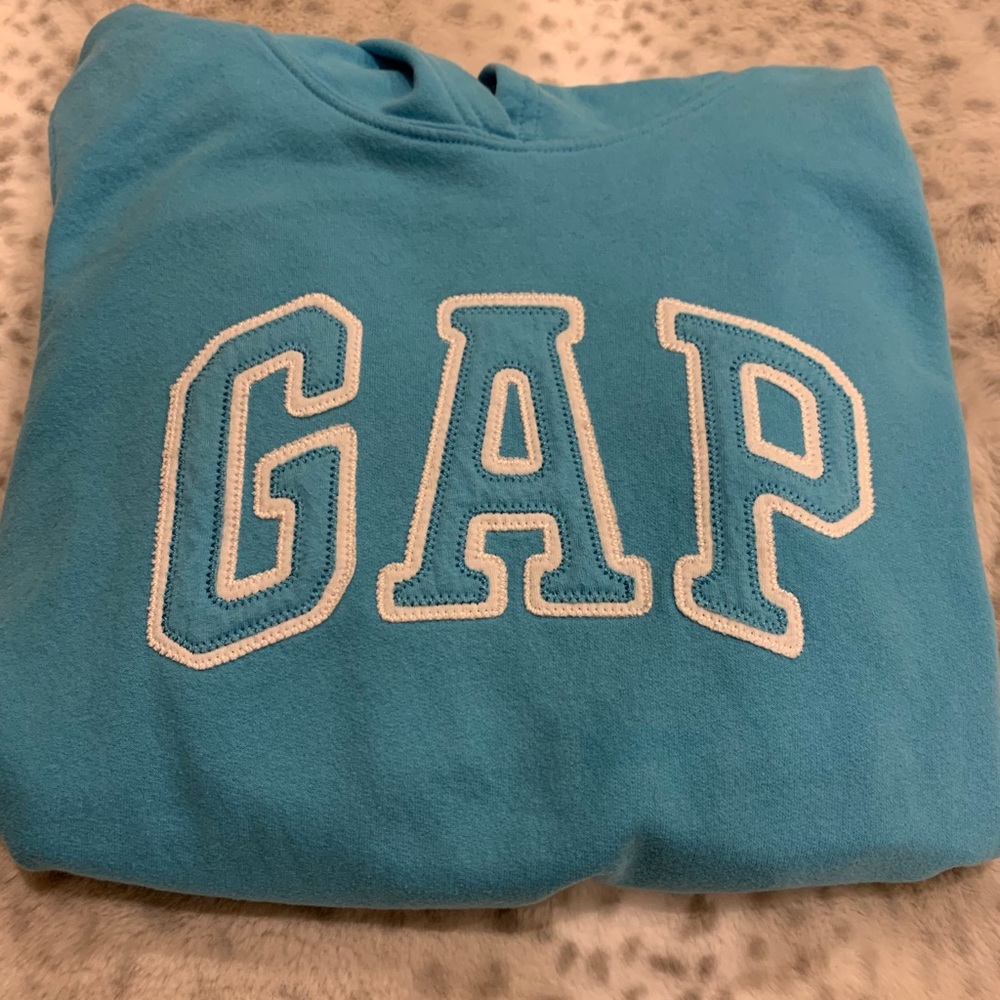 GAP spell out hoodie sz M (which is a L-XL kids) teal color in worn condition